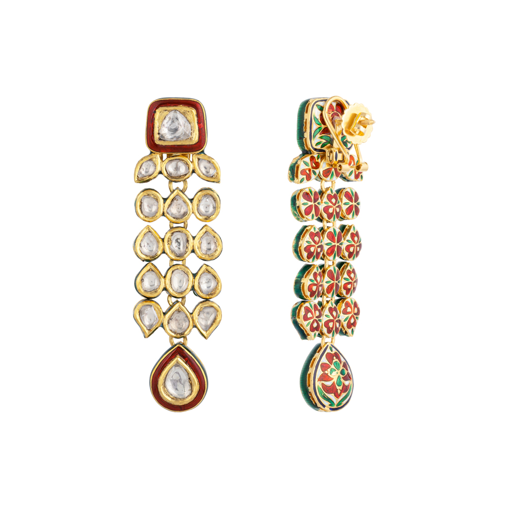 Cascading Polki Pendant with Red Enamel & Teardrop Polkis